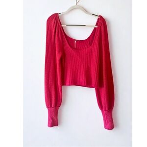 Free People Katie Ribbed Cropped Sweater Pink Balloon Sleeve Pullover L